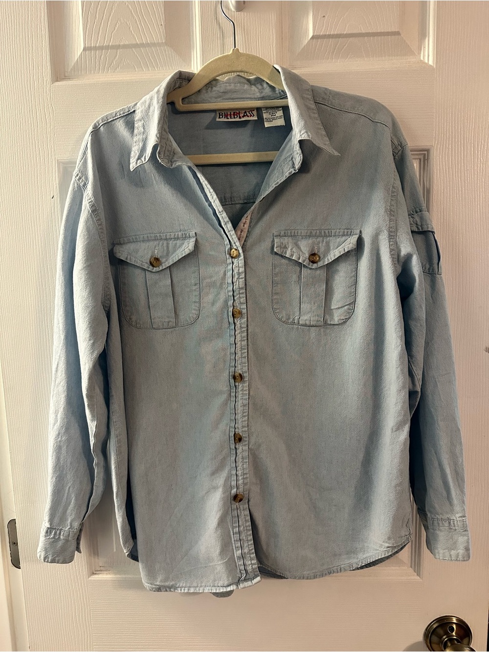 Vintage 90s Bill Blass Jeanswear Light Wash Denim Button-Up Shirt Petite Medium